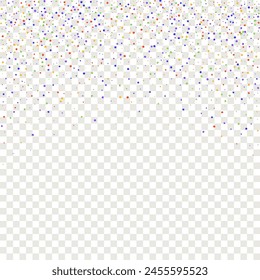 Carnival Confetti. Sylvester Design. Carnaval Party Background. Rainbow Birthday Poster. Isolated Masquerade Border with Falling Round Dots. Red, Blue, Green, Orange Banner on Transparent Backdrop.