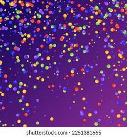 Carnival Confetti. Sylvester Design. Colorful Anniversary Banner on Purple Backdrop. Carnaval Party Background. Isolated Masquerade Border with Falling Round Dots. Rainbow Birthday Poster.