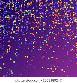Carnival Confetti. Sylvester Design. Colorful Anniversary Banner on Purple Backdrop. Isolated Masquerade Border with Falling Round Dots. Rainbow Birthday Poster. Carnaval Party Background.