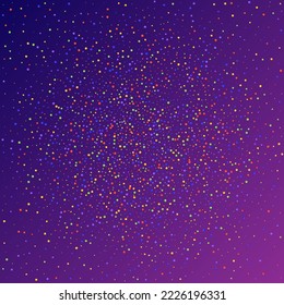 Carnival Confetti. Sylvester Design. Isolated Masquerade Border with Falling Round Dots. Rainbow Birthday Poster. Carnaval Party Background. Colorful Anniversary Banner on Purple Backdrop.