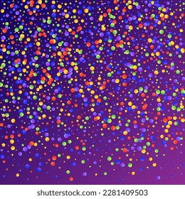 Carnival Confetti. Sylvester Design. Isolated Masquerade Border with Falling Round Dots. Rainbow Birthday Poster. Colorful Anniversary Banner on Purple Backdrop. Carnaval Party Background.