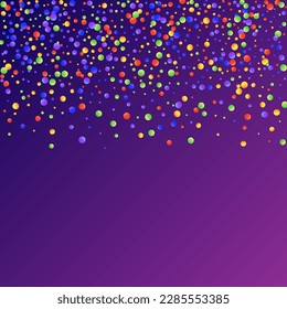 Carnival Confetti. Sylvester Design. Isolated Masquerade Border with Falling Round Dots. Rainbow Birthday Poster. Colorful Anniversary Banner on Purple Backdrop. Carnaval Party Background.