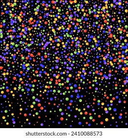 Carnival Confetti. Sylvester Design. Isolated Masquerade Border with Falling Round Dots. Multicolored Color Anniversary Banner on Black Backdrop. Rainbow Birthday Poster. Carnaval Party Background.