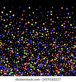 Karneval Confetti. Sylvester Design. Einzeln Masquerade-Grenze mit Falling Round Dots. Carnaval Party-Hintergrund. Mehrfarbiges Farbanfang-Banner auf schwarzem Hintergrund. Rainbow Birthday Poster.