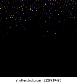Carnival Confetti. Sylvester Design. Multicolored Color Anniversary Banner on Black Backdrop. Isolated Masquerade Border with Falling Round Dots. Carnaval Party Background. Rainbow Birthday Poster.