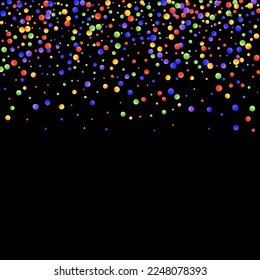 Karneval Confetti. Sylvester Design. Mehrfarbiges Farbanfang-Banner auf schwarzem Hintergrund. Einzeln Masquerade-Grenze mit Falling Round Dots. Carnaval Party-Hintergrund. Rainbow Birthday Poster.