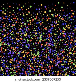 Carnival Confetti. Sylvester Design. Multicolored Color Anniversary Banner on Black Backdrop. Isolated Masquerade Border with Falling Round Dots. Carnaval Party Background. Rainbow Birthday Poster.