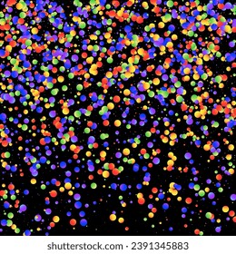 Carnival Confetti. Sylvester Design. Multicolored Color Anniversary Banner on Black Backdrop. Carnaval Party Background. Isolated Masquerade Border with Falling Round Dots. Rainbow Birthday Poster.