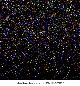 Carnival Confetti. Sylvester Design. Rainbow Birthday Poster. Isolated Masquerade Border with Falling Round Dots. Carnaval Party Background. Multicolored Color Anniversary Banner on Black Backdrop.