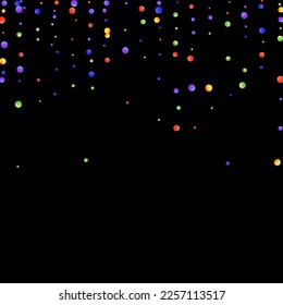 Carnival Confetti. Sylvester Design. Rainbow Birthday Poster. Carnaval Party Background. Multicolored Color Anniversary Banner on Black Backdrop. Isolated Masquerade Border with Falling Round Dots.