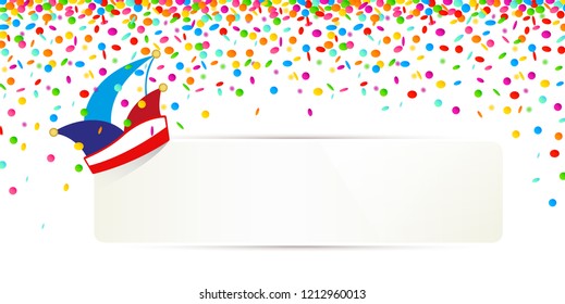 carnival confetti and traditional cap with white banner for your text isolated on a white background vector illustration EPS10