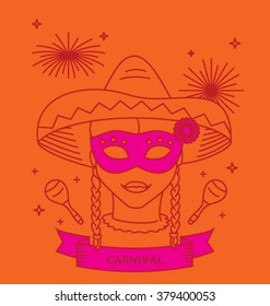 CARNIVAL COSTUME OUTFIT. Party Portrait, Line Art Such As Logo, Mono Line Style. Editable Vector Illustration File.