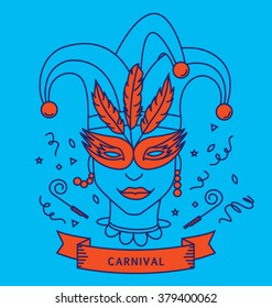 CARNIVAL COSTUME OUTFIT. Party portrait, line art such as logo, monoline style. Editable vector illustration file.