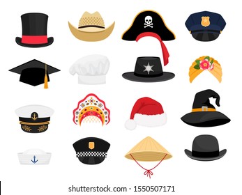 Carnival costumes hats. Fashion hat clothes accessory collectiorn, vintage police sheriff and traditional russian kokoshnik, witch and chef hats outfit