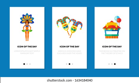 Carnival with costumes thin flat icon set. Masquerade, fancy, entertainment isolated vector sign pack. Celebration and party concept. Vector illustration symbol elements for web design and apps