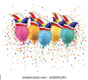 Carnival cover with confetti balloons and jesters caps. Eps 10 vector file.