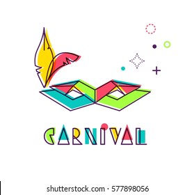 Carnival creative geometric alphabet with mask.  Colorful vector letters in 80s - 90s memphis style. Vector illustration