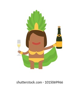 Carnival dancer holding a bottle and a glass of champagne, vector illustration design. Carnival characters collection.