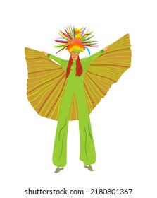 Carnival dancer on stilts vector illustration isolated on white background. Brasil Rio De Janeiro street artist carnival entertainment. Attractive lady costume. Woman Birthday party animator for kids.