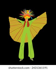 Carnival dancer on stilts vector illustration isolated on black background. Brasil Rio De Janeiro street artist carnival entertainment. Attractive lady costume. Woman Birthday party animator for kids.