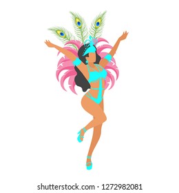 Carnival Dancer Woman Silhouette With Feather Decorations. Brazilian Samba Dance. Vector Illustration Isolated On White Background.