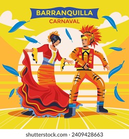 Karnevalstänzer mit bunten Kostümen, die auf der Parade im Barranquilla Carnival auftreten