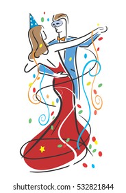 Carnival dancers.
Colorful stylized illustration of Young couple dancing ballroom dance. Vector available.