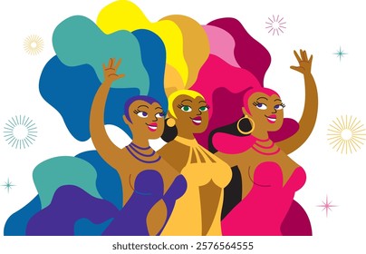 Carnival dancers. Carnival girls wearing colorful feather costumes. Flat vector characters