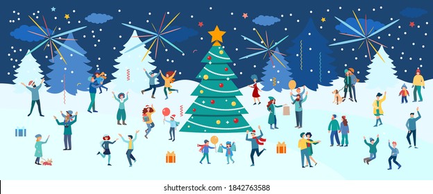 Carnival, dancing, New Year and Christmas Eve celebration against the backdrop of a winter landscape. People have fun and celebrate New Year and Christmas. Concept vector illustration