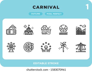 Carnival Dashed Outline Icons Pack for UI. Editable Stroke. Pixel perfect thin line vector icon set for web design and website application.
