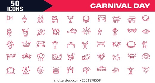 Dia de Carnaval, Brasil Editável Stroke Contorno Web Vetor Icons Set, Headwear tradicional, símbolos de linha fina personalizáveis, ilustrações isoladas do contorno do vetor