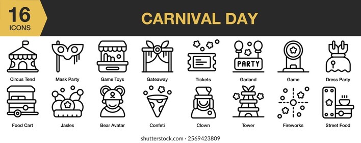 Carnival Day icon set. Includes Birthday, Celebration, Confetti, Events, Firework, Fun, Party, and More. Outline icons vector collection.