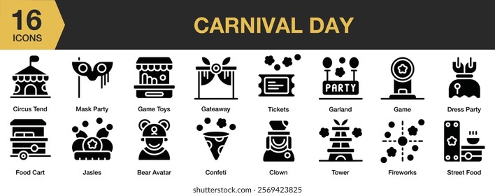 Carnival Day solid icon set. Includes Birthday, Celebration, Confetti, Events, Firework, Fun, Party, and More. Solid icons vector collection.