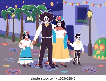 Carnival of dead flat color vector illustration. Parents with children celebrate traditional spanish holiday. Mexican family in costumes 2D cartoon characters with nighttime cityscape on background