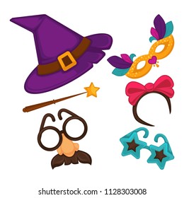 Carnival decorations hats and masks set vector illustration