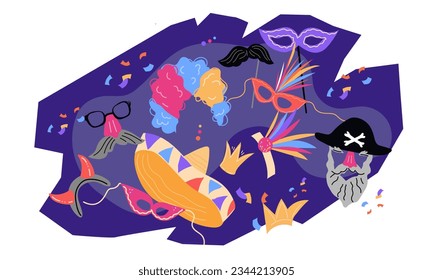 Carnival decorative background flat vector illustration isolated on background. Purim or brazilian carnival, mardi gras festival design element.