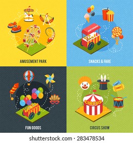 Carnival design concept with amusement park and circus show isometric icons isolated vector illustration