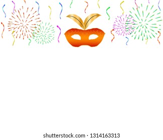 Carnival design with golden mask, fireworks and confetti, on white isolated background. Space for the text. Vector eps 10.