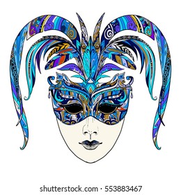 Carnival doodle Mardi Gras mask. Art for print on t-shirt. Isolated on white.