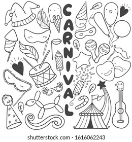 Carnival doodle set with festive objects. Collection of cute doodles, masquerade masks in outline. Easy to change color.