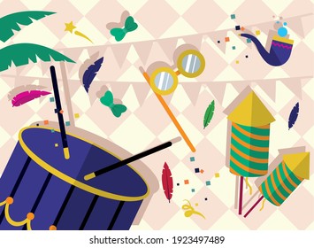 carnival drum fireworks glasses mask and pipe design, Party decoration celebration and festival theme Vector illustration