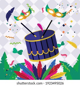 carnival drum with masks and feathers design, Party decoration celebration and festival theme Vector illustration