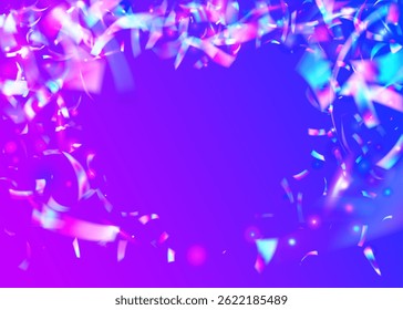 Carnival Effect. Abstract Poster. Neon Glitter. Disco Confetti. Glare Iridescent Serpentine. Pink Light Ribbon. Foil Pattern. Rainbow Paper. Purple Carnival Effect