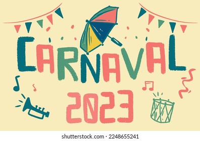 Carnival elements, banner with mardi gras mask, confetti and instruments. Frevo umbrella