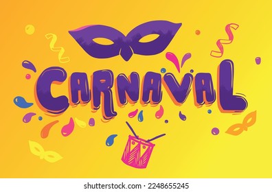 Carnival elements, banner with mardi gras mask, confetti and instruments. Yellow background