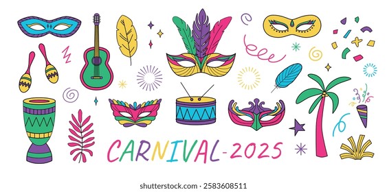 Carnival elements clipart. Mardi gras. Icons. Carnival masks, feathers, confetti, percussion instruments, maracas. Brazil, Venice. Masquerade party and preformance. Vector.