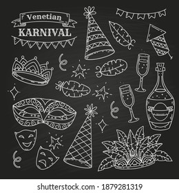 Carnival elements collection in doodle style on black background, venetian carnival elements