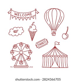 Carnival Elements Collection Red Line Art Illustration On White Background