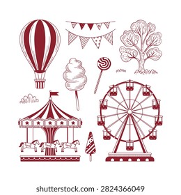 Carnival Elements Illustration Hot Air Balloon Ferris Wheel And Carousel
