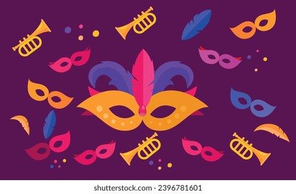 Carnival elements. Mardi gras masks. Purple background